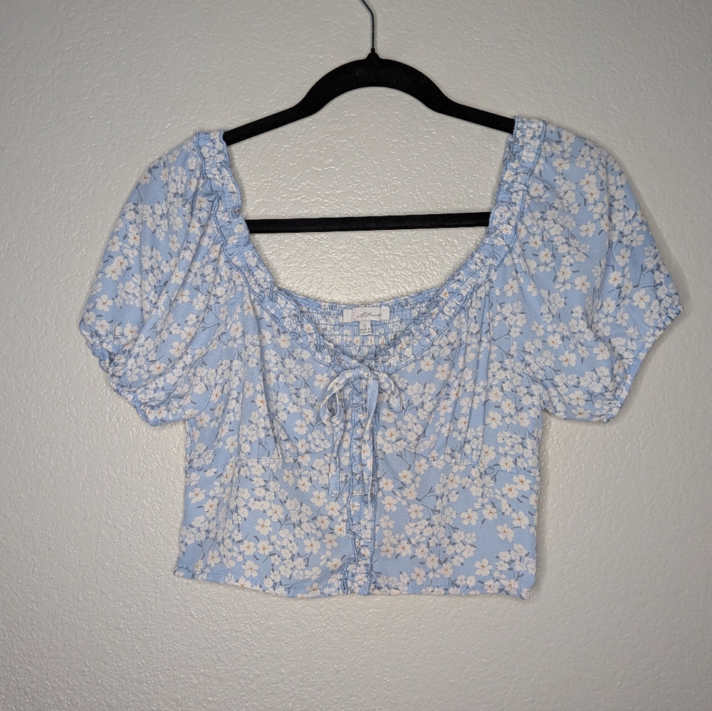 Blushe Womens Floral Blue Milkmaid Coquette Ruffle Tie Front Crop Top S